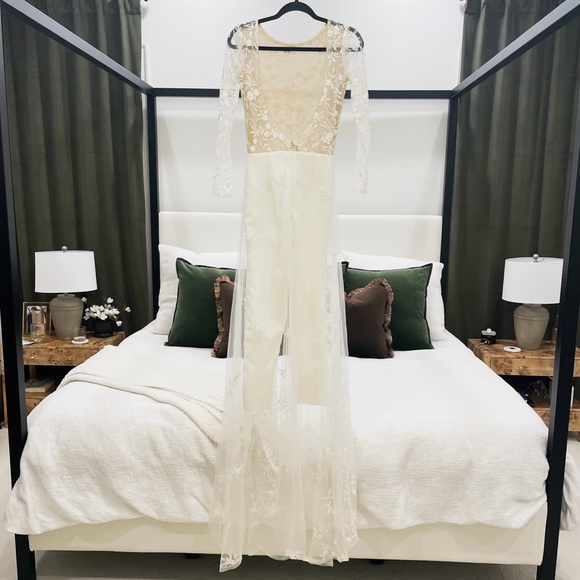 White Bridal Jumpsuit with Lace Train - Picture 5 of 10